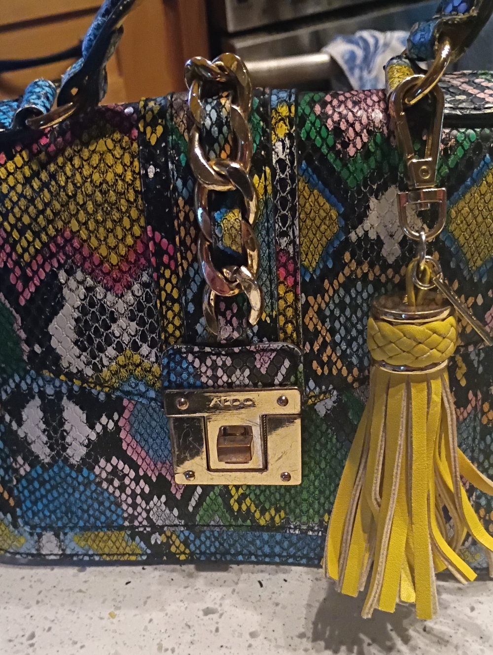 ALDO Multicolor Snake-Print Satchel with Yellow Tassel Charm